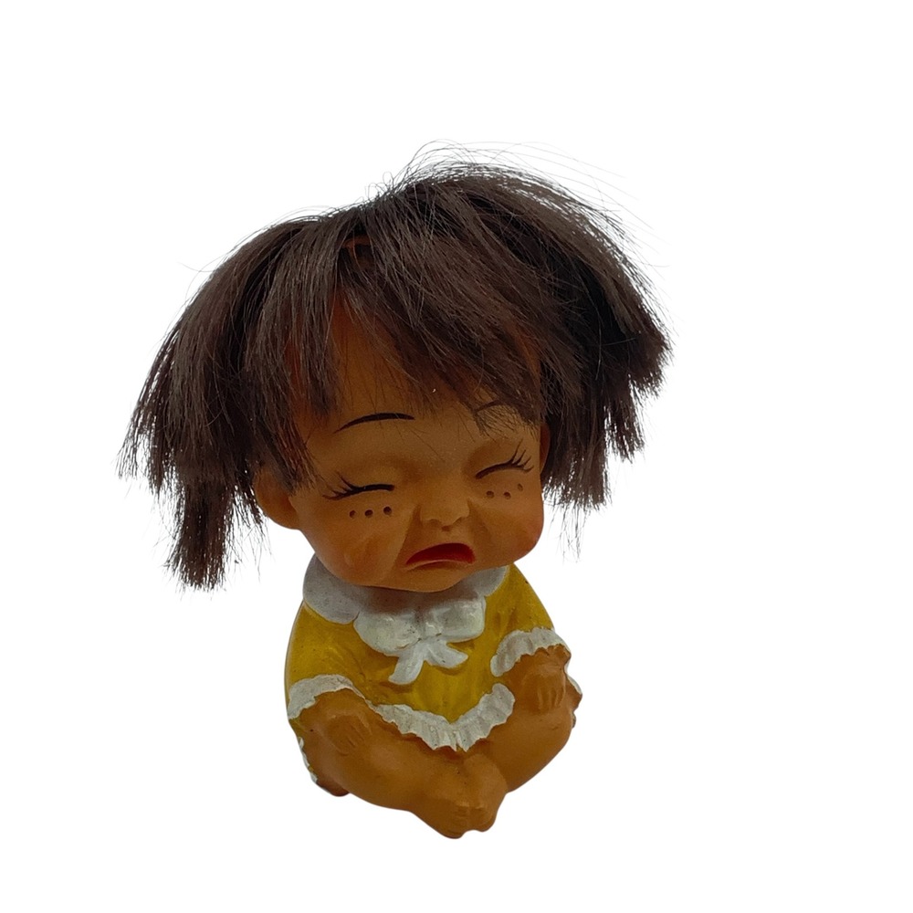 Vintage Crying Baby Figurine Yellow Dress Brown Hair Taiwan Rubber Doll 4 Inch